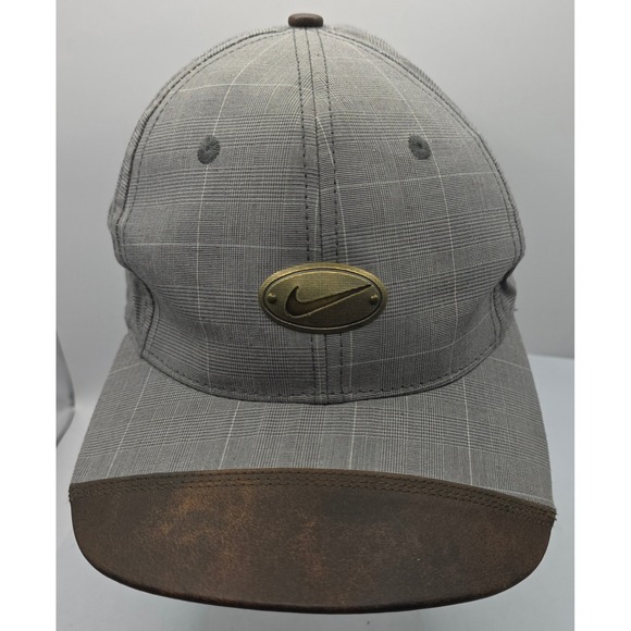 Vintage Nike‎ Golf Plaid Baseball Cap Brown Leather Trim Brim Strapback